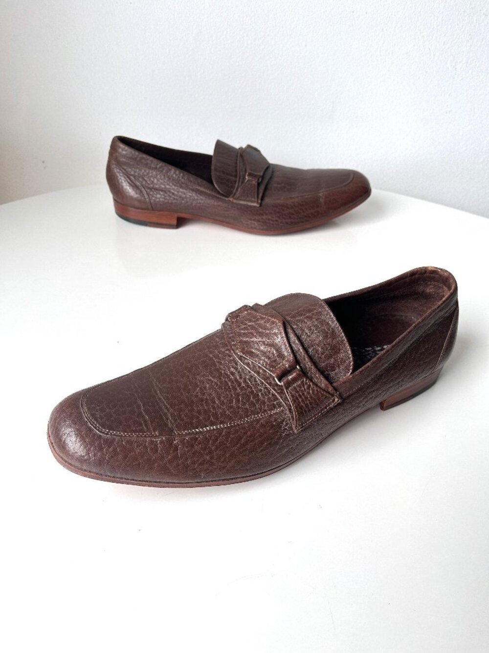 Vintage Mens Sanchez Brotons Brown Pebbled Leather Slip On Loafers Shoes Size 11